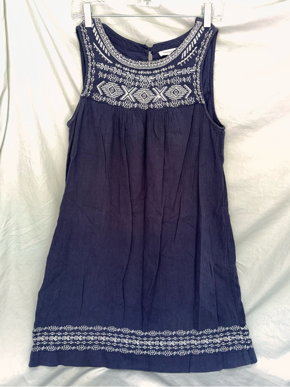 Navy Shift Coverup Dress Lined Gauze Sleeveless Cotton Embroidered Size S